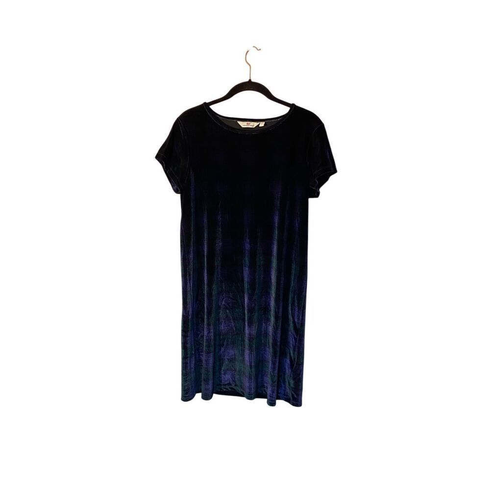 Vineyard vines, women’s black, watch, plaid, velvet blue and green holiday dress